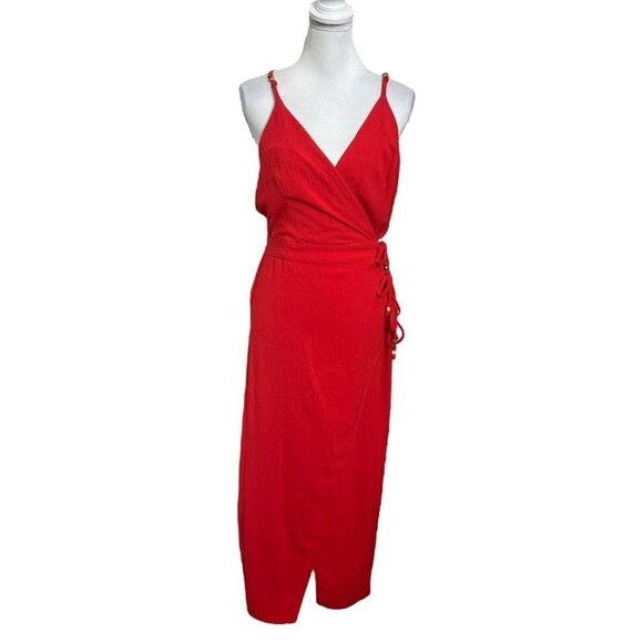 Vix Paula Hermanny Cyndi Wrap Midi Dress Women’s Size Large Red Crinkled Voile - Picture 2 of 16